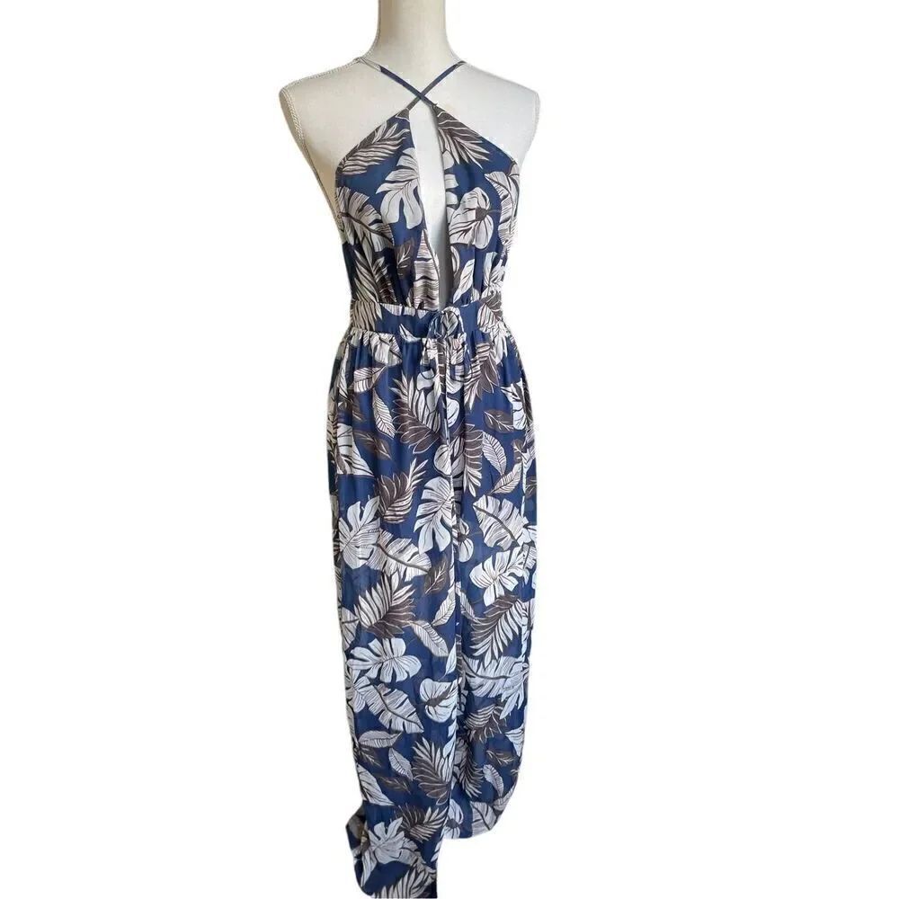 NWT Fashion Nova Floral wide leg v neck backless jumpsuit Navy Brown M vacation